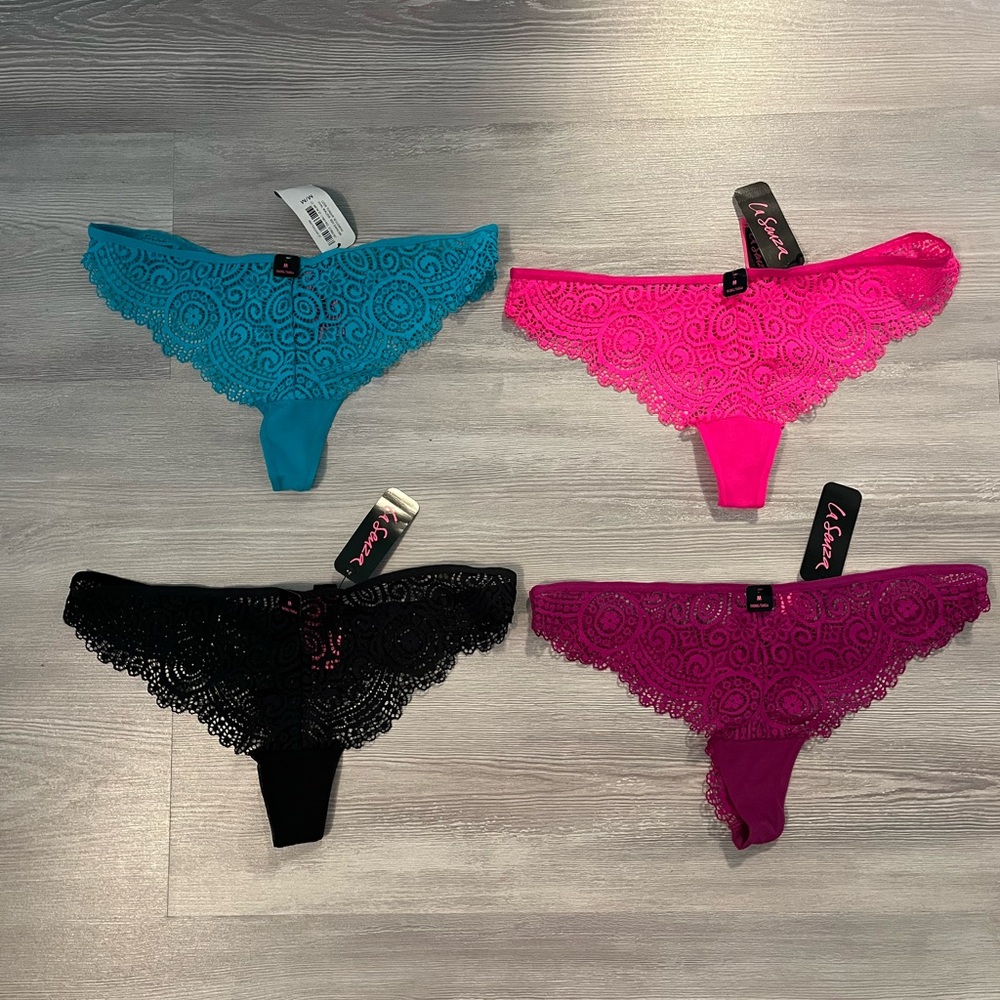 NWT La Senza Lace Thong Set in Blue, Pink, Black, and Purple size Medium